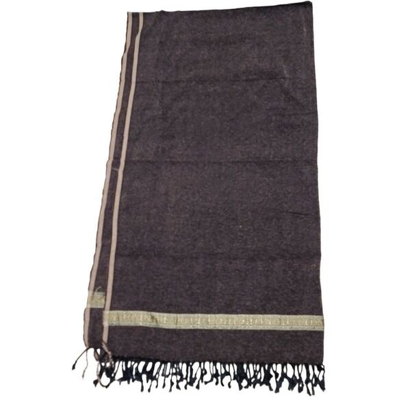 New Hand Wowen Chocolate Brown Fringed Shawl Throw With Gold Trim 49" x 88" - Picture 2 of 7